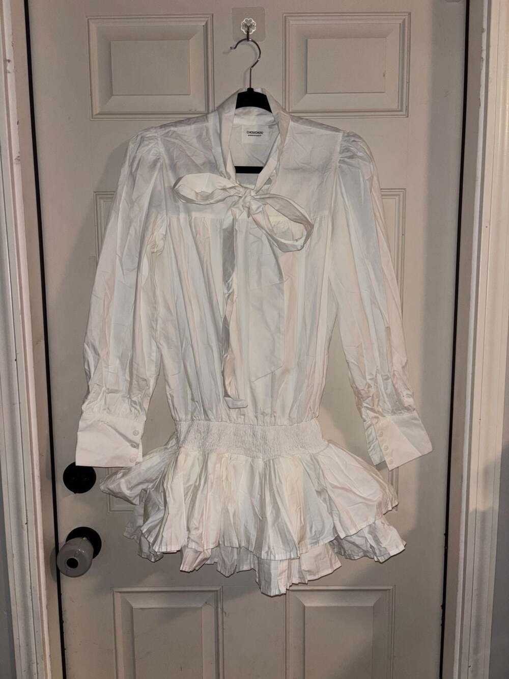 CHOUCHOU White Bow Neck Smocked Waist Ruffle Mini Dress Flounce